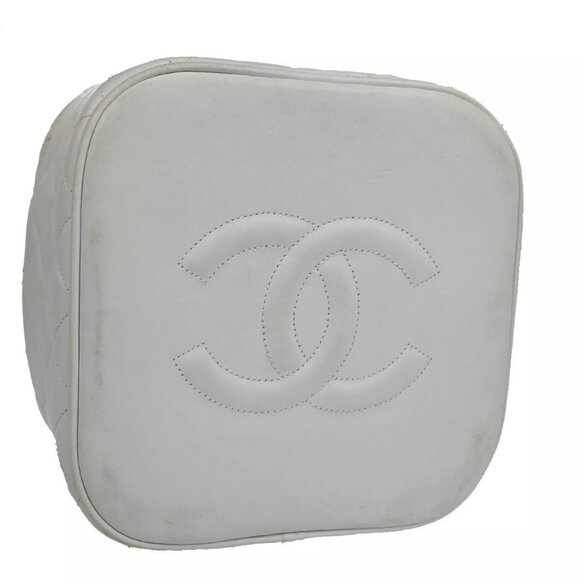 CHANEL Logo Matelasse Vanity Hand Bag Leather White GHW France Vintage - Picture 3 of 15